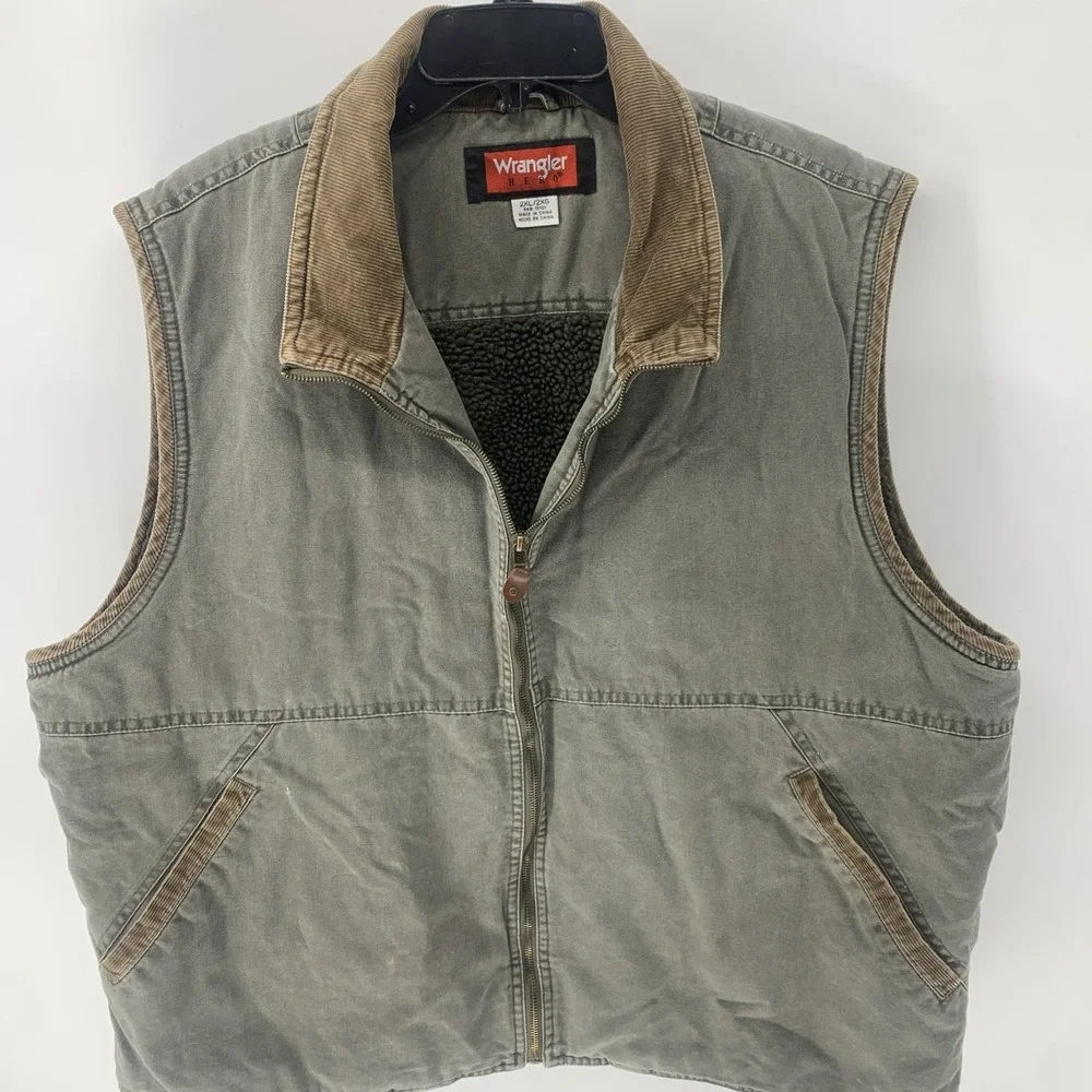 Wrangler Men's Sherpa Lined Vest Green 2XL Zip Button Pockets Workwear
